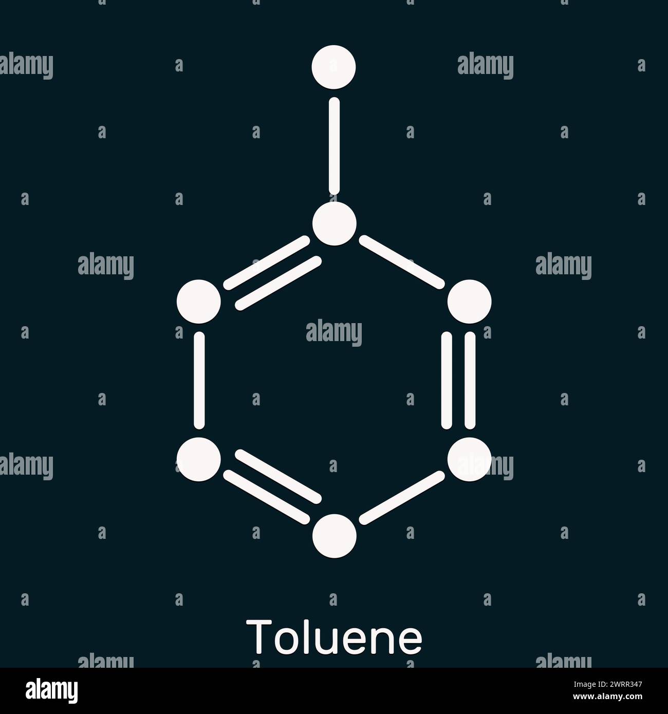 Toluene, molecola di toluolo C7H8. Metilbenzene, idrocarburi aromatici. Formula chimica scheletrica su sfondo blu scuro. Illustrazione Foto Stock