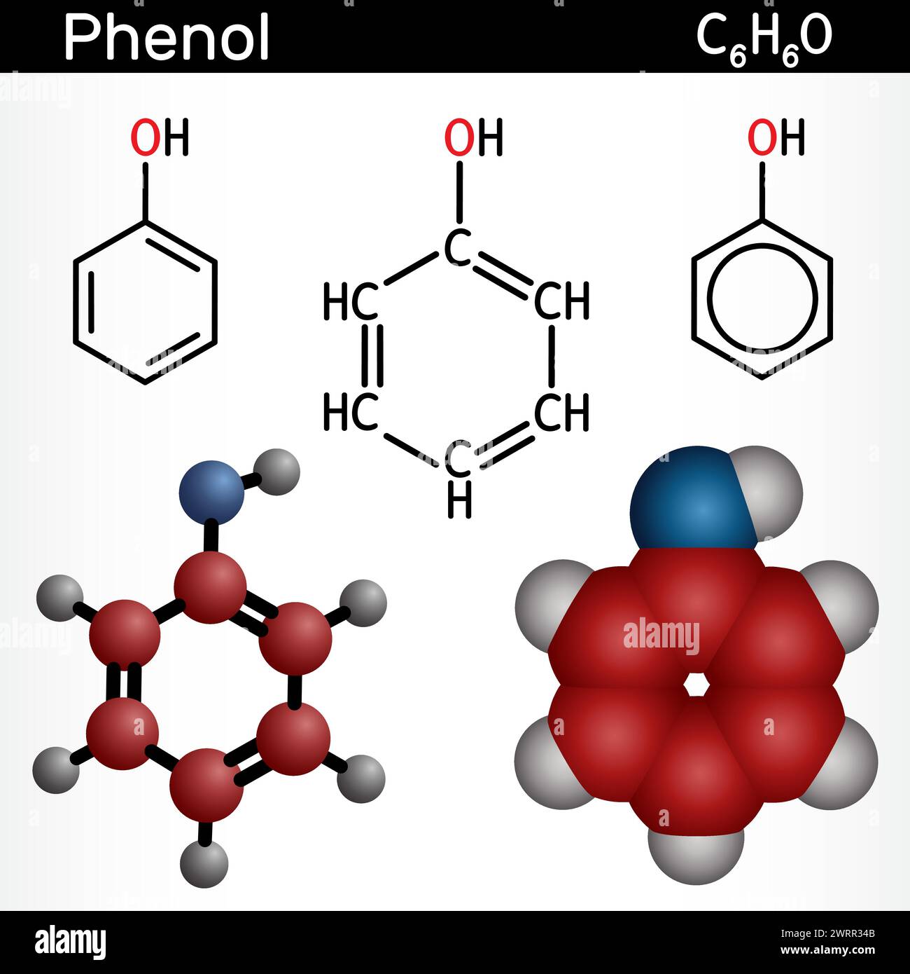Fenolo, molecola di acido carbolico. Formula chimica strutturale, modello molecolare. Illustrazione vettoriale Illustrazione Vettoriale