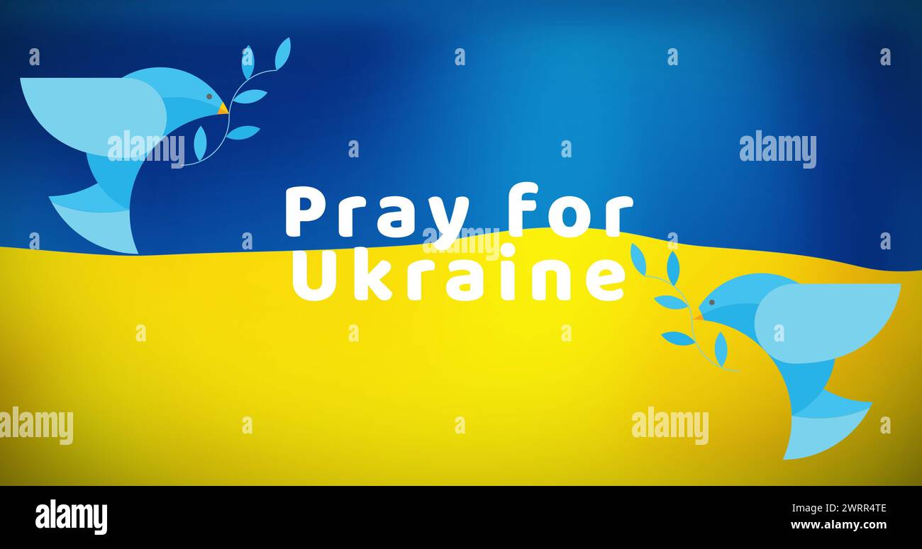 Immagine di pregare per l'ucraina e colomba sopra la bandiera dell'ucraina Foto Stock