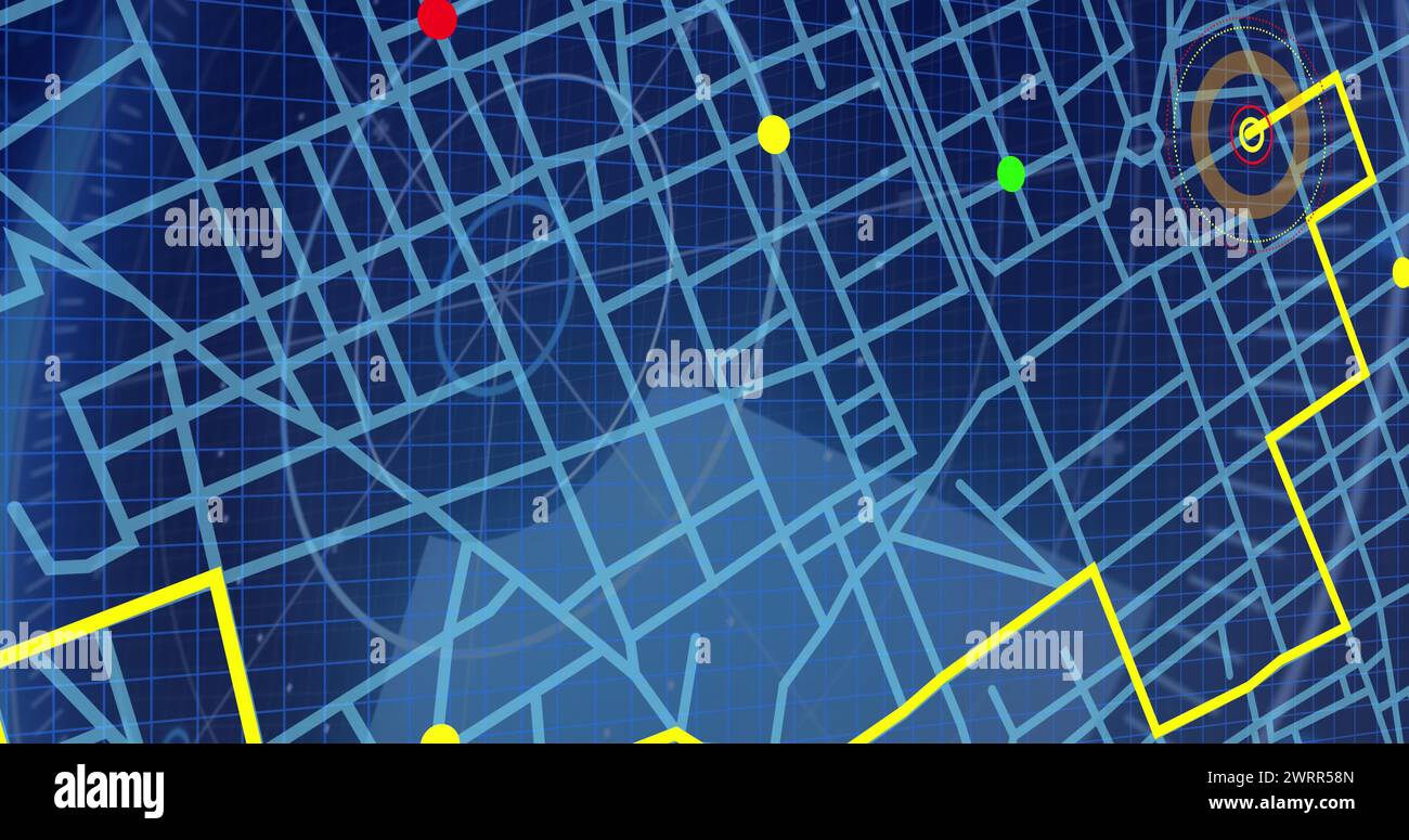 Immagine della linea gialla sulla mappa digitale con punti di posizione ed elaborazione dei dati Foto Stock
