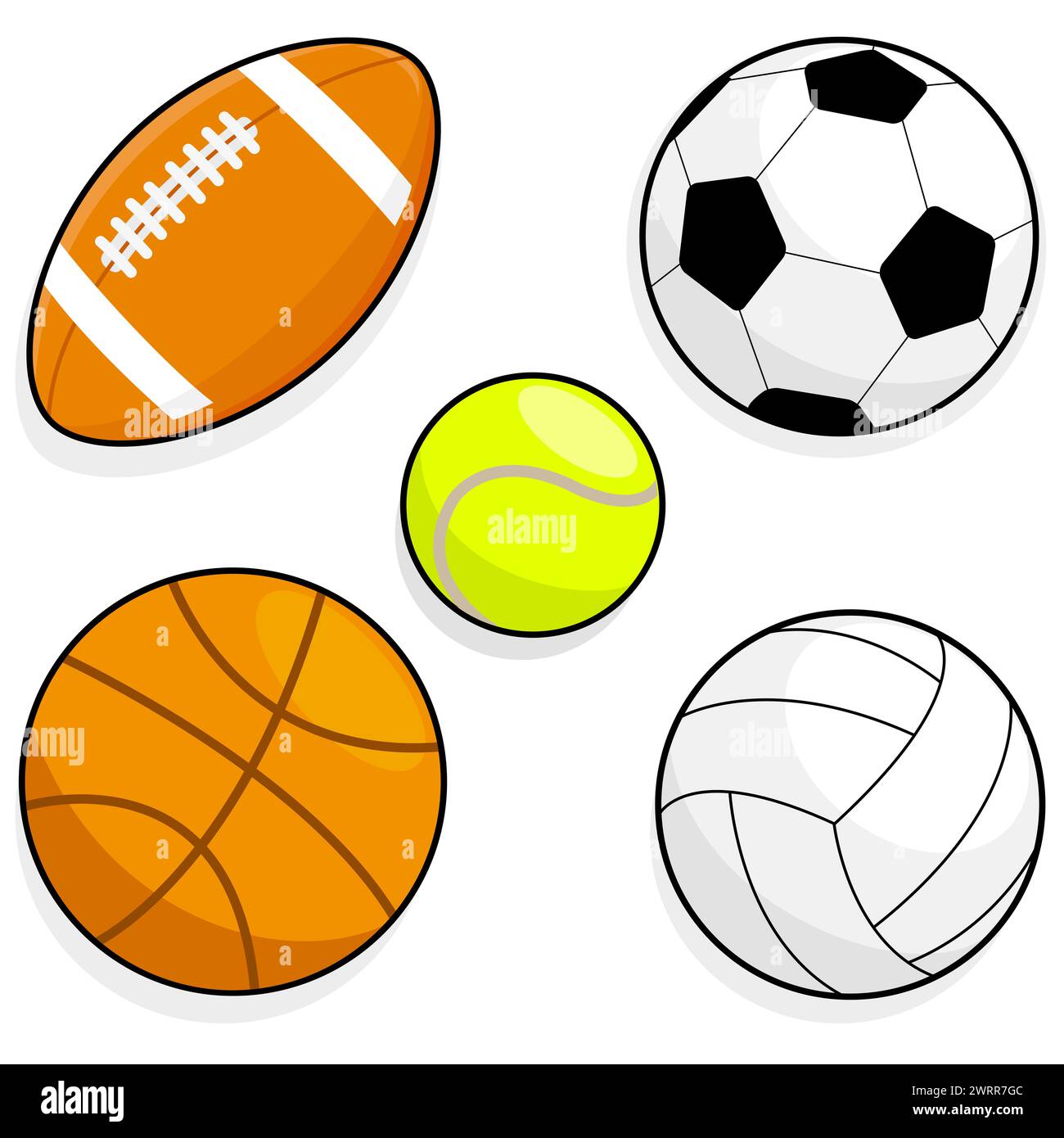 Set di palline sportive. Palloni da calcio, pallacanestro, tennis, pallavolo e rugby. Raccolta di illustrazioni Foto Stock