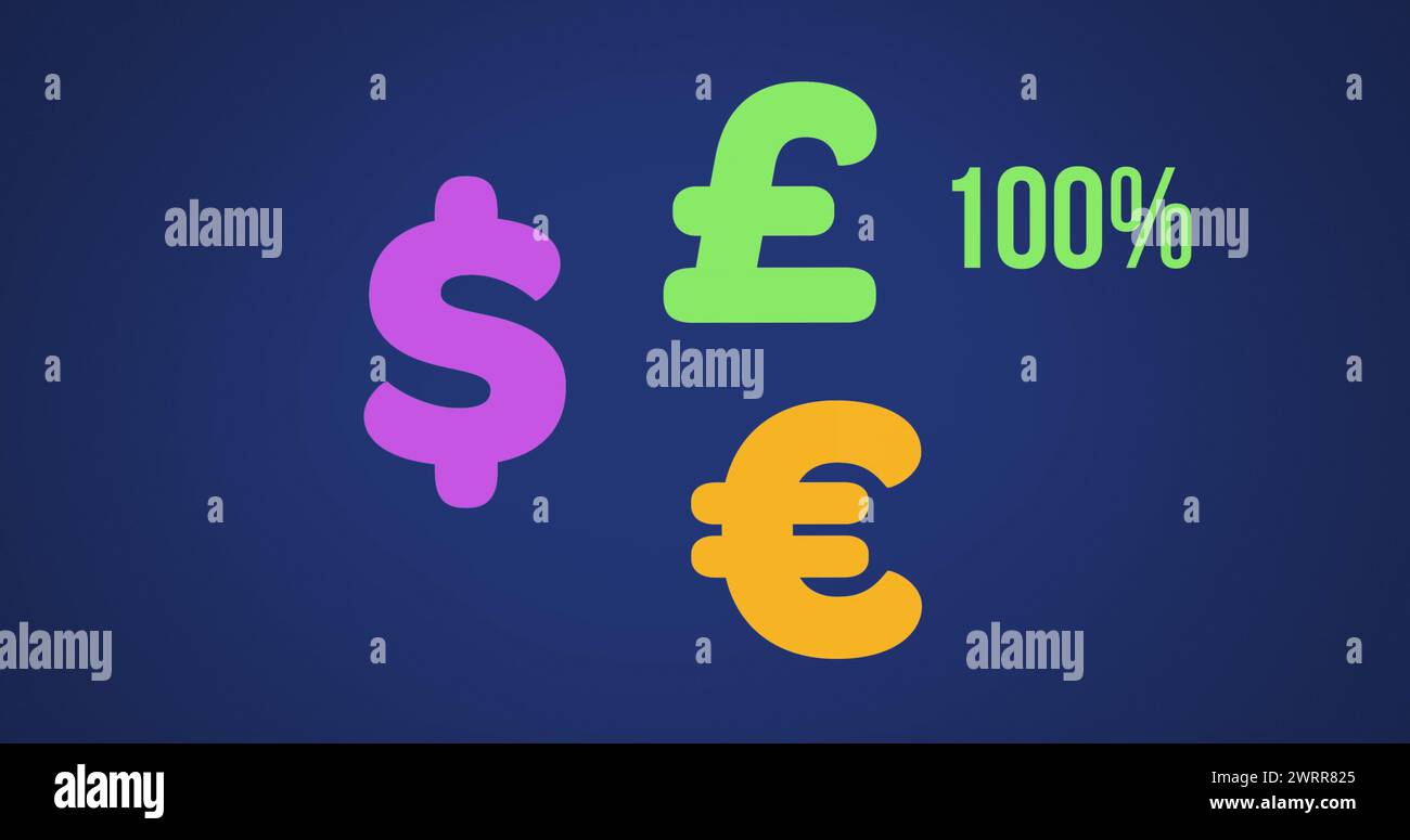 Il grafico mostra i simboli USD, EUR, GBP con percentuali crescenti a colori su sfondo blu. Foto Stock