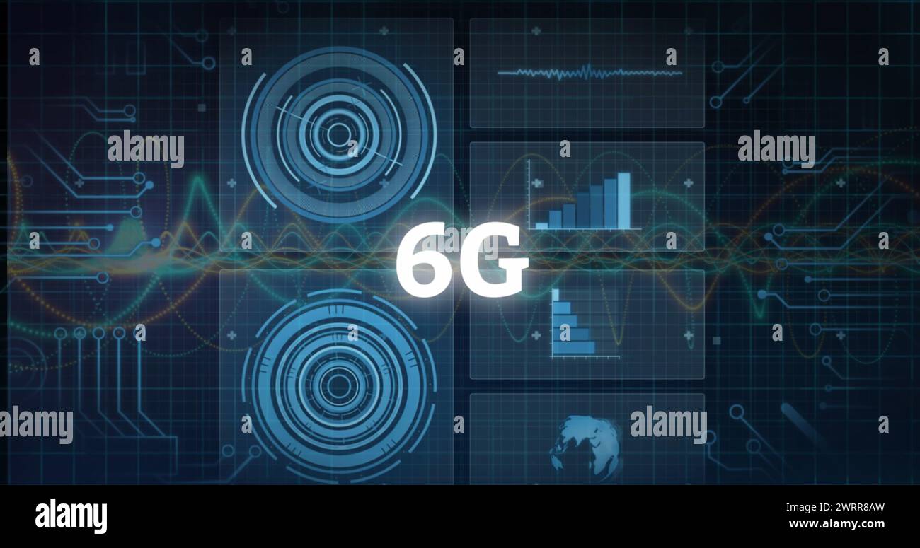 Immagine della rete di connessioni con icone ed elaborazione dei dati su sfondo scuro Foto Stock