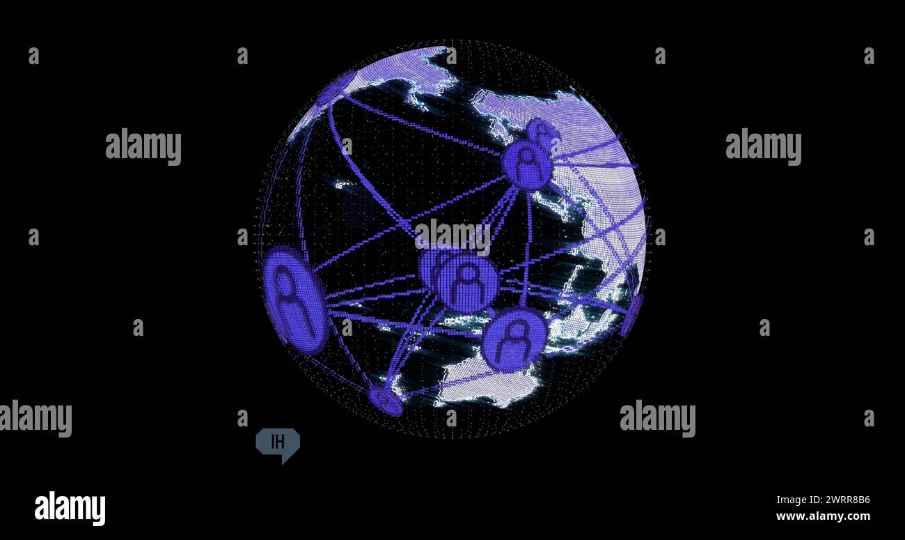 Immagine di icone dei social media e testo su globo su sfondo nero Foto Stock