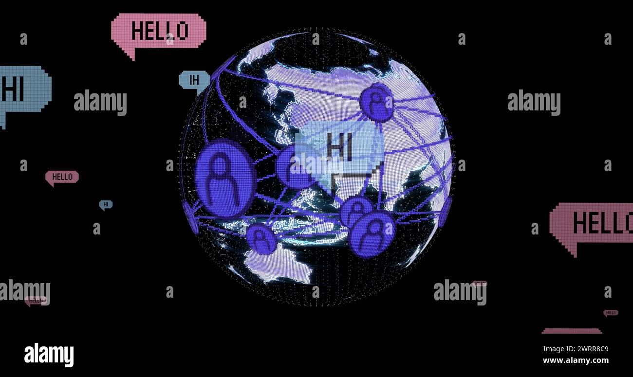 Immagine di icone dei social media e testo su globo su sfondo nero Foto Stock