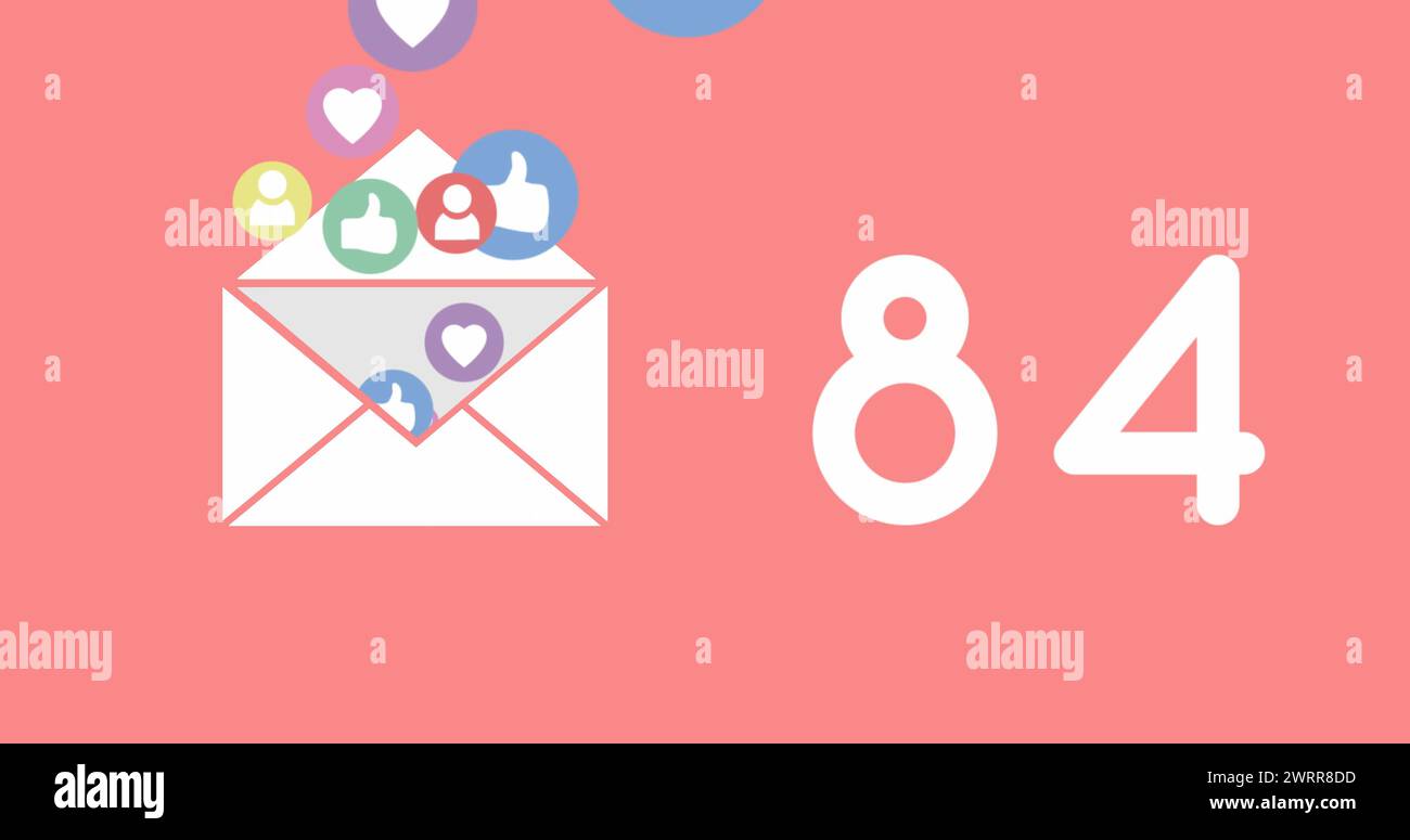 Immagine delle icone e dei numeri di social media su sfondo rosa Foto Stock