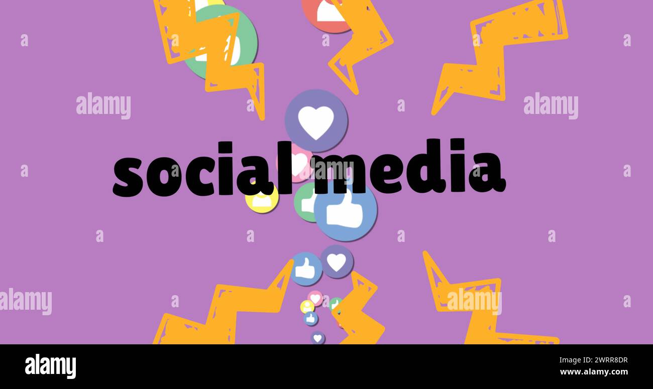 Immagine delle icone dei social media e testo su sfondo viola Foto Stock