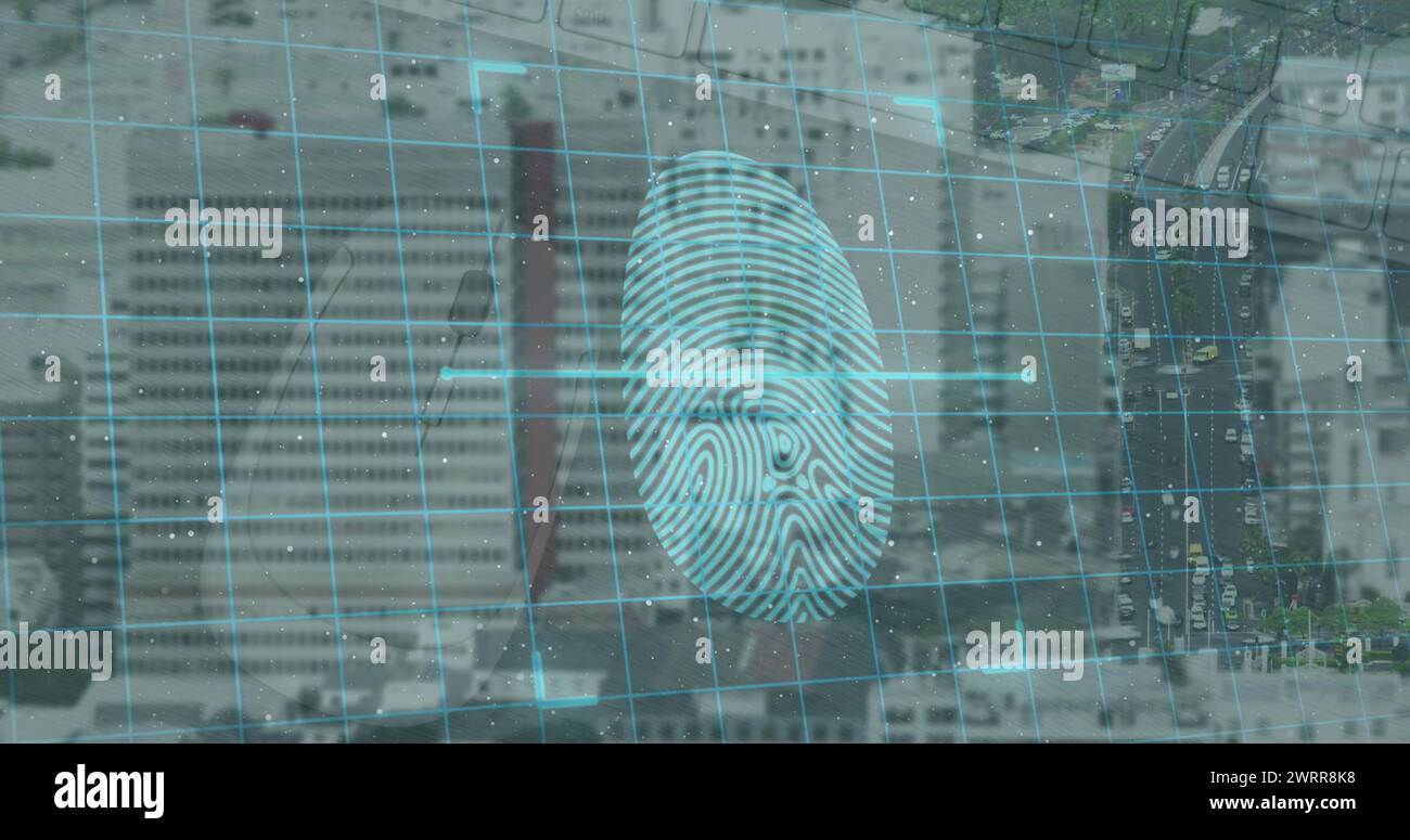 Immagine della scansione delle impronte digitali e dei lucchetti digitali sul paesaggio urbano Foto Stock