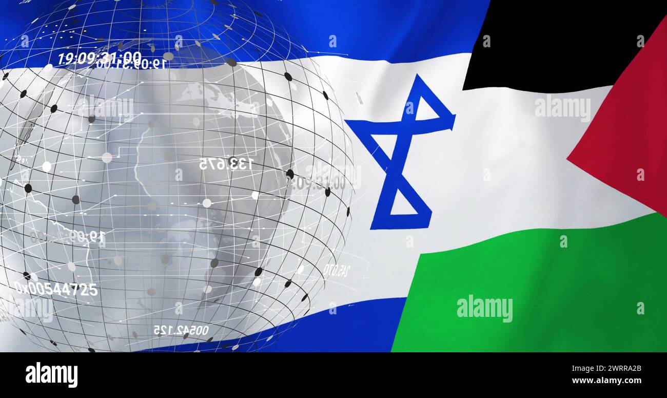 Immagine del globo sopra la bandiera di israele e palestina Foto Stock