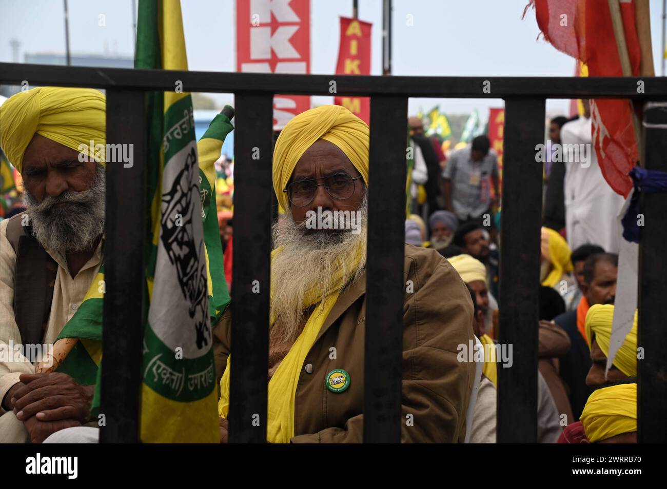 Delhi, nuova Delhi, India. 14 marzo 2024. Gli agricoltori indiani si riuniscono a Ramlila Maidan per protestare contro i prezzi delle colture a nuova Delhi, India, il 14 marzo 2024 (Credit Image: © Deep Nair/ZUMA Press Wire) SOLO PER L'USO EDITORIALE! Non per USO commerciale! Foto Stock