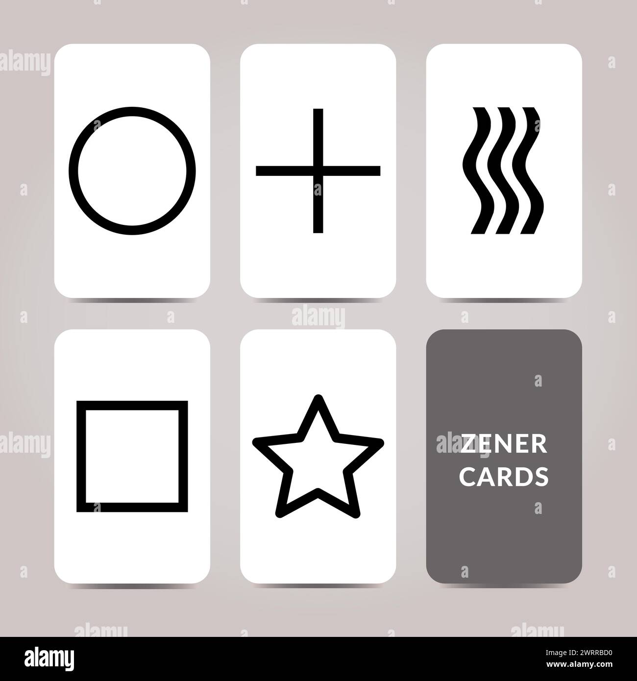 Deck delle schede Zener - illustrazione vettoriale a 5 elementi - metodo utensile per il test della telepatia - cerchio, più, forme d'onda, simboli quadrati e stelle in bianco e nero Illustrazione Vettoriale