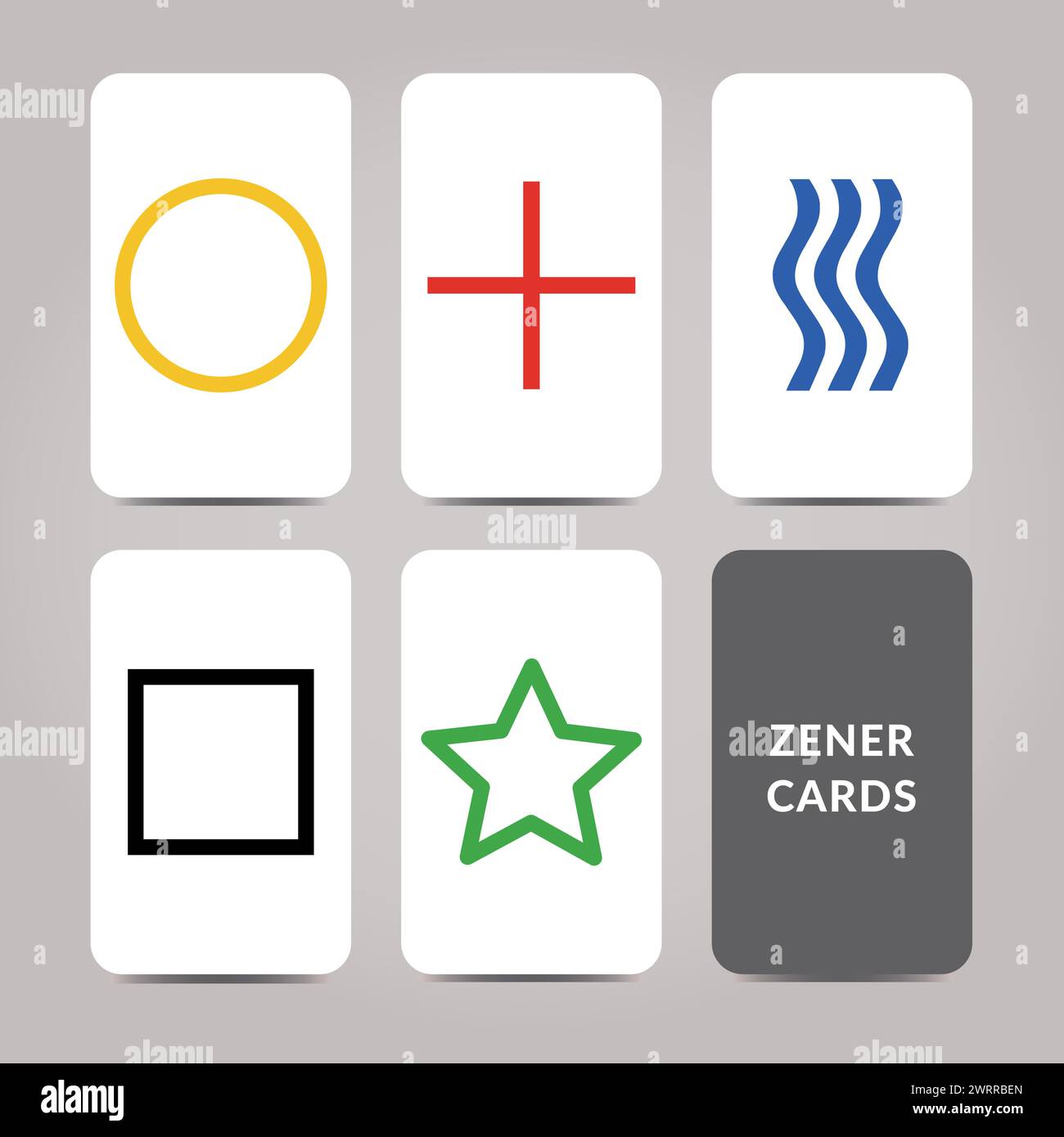 Deck schede Zener - illustrazione vettoriale a 5 elementi 5 colori - metodo utensile per il test della telepatia - cerchio, più, forme d'onda, simboli quadrati e stelle Illustrazione Vettoriale