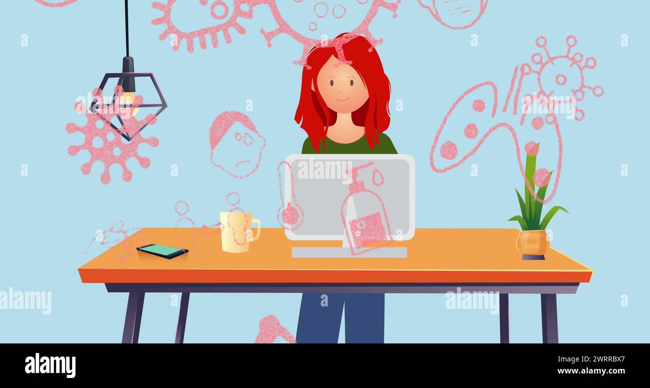 Una donna sta lavorando a una scrivania con illustrazioni di virus intorno a lei Foto Stock