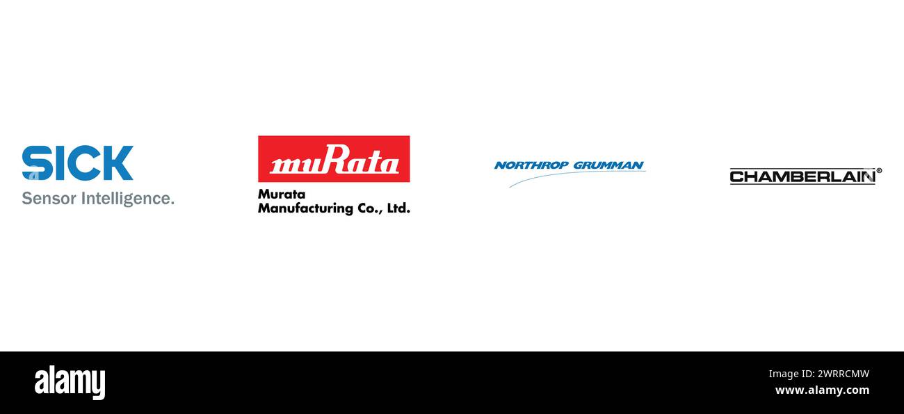 MURATA, MALATO, CHAMBERLAIN, NORTHROP GRUMMAN. Collezione di logo vettoriali editoriali. Illustrazione Vettoriale