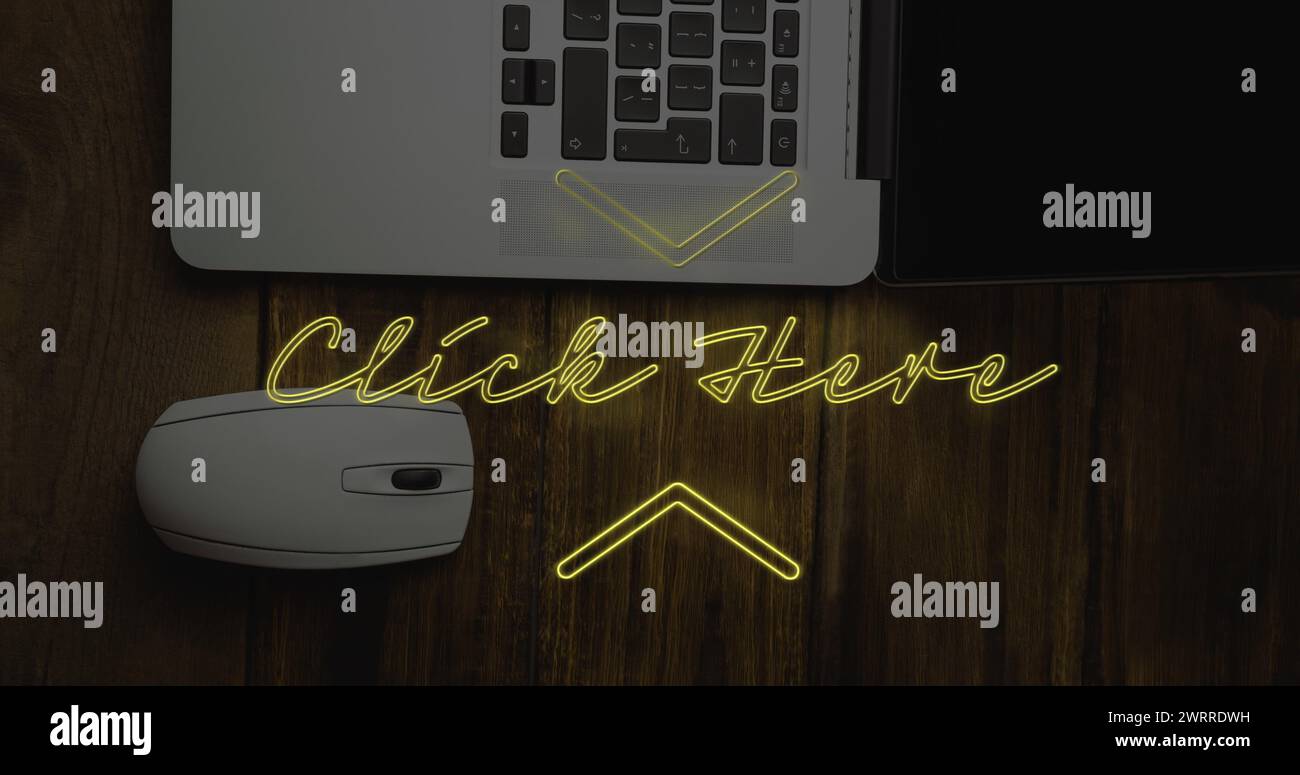 Immagine del testo Clicca qui sopra il notebook Foto Stock