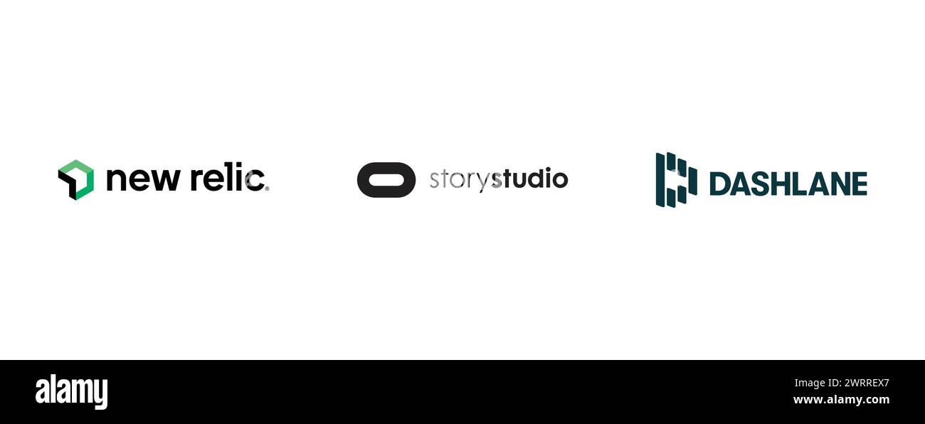 New Relic, Dashlane, Oculus Story Studio. Collezione di logo del marchio vettoriale. Illustrazione Vettoriale
