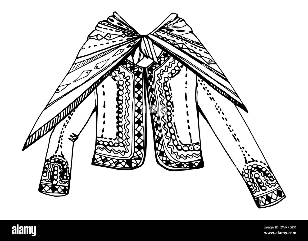Illustrazione vettoriale a inchiostro disegnato a mano, abiti indiani nazionali ricamati cultura della moda dell'America centro-meridionale. Composizione isolata su bianco Illustrazione Vettoriale