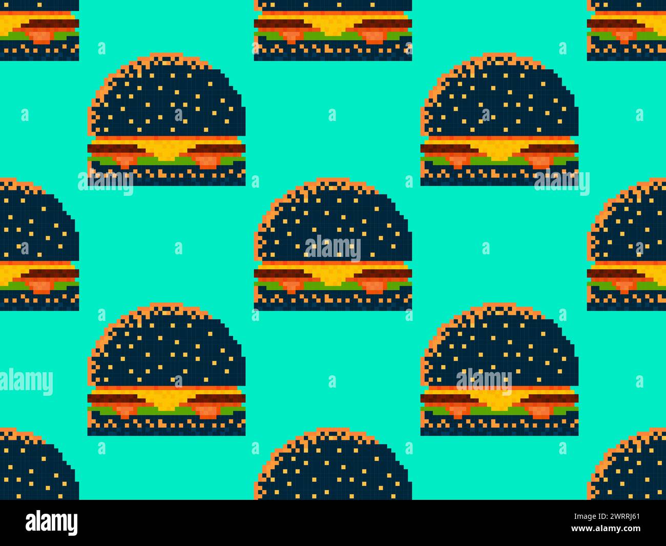Hamburger nero pixel senza cuciture. cheeseburger a 8 bit con due polpette e formaggio. Cheeseburger con due cotolette, formaggio e salse in pixel art sty Illustrazione Vettoriale