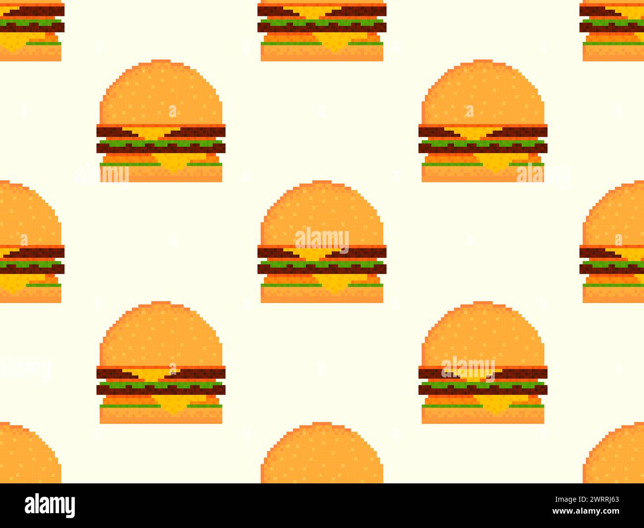 Pixel Burger pattern senza cuciture. cheeseburger a 8 bit con due polpette e formaggio. Cheeseburger con due cotolette, formaggio e salse in stile pixel art. De Illustrazione Vettoriale