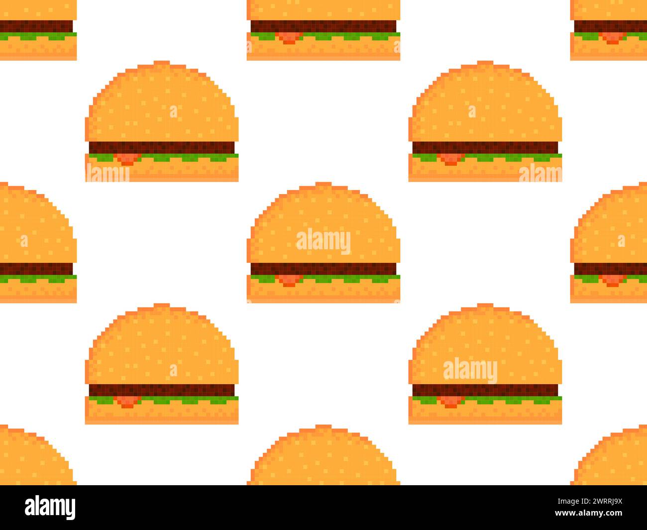 Motivo senza cuciture con hamburger in stile pixel art. Hamburger con cotolette e salse, hamburger fast food a 8 bit, panino con semi di sesamo. Progettare per Illustrazione Vettoriale