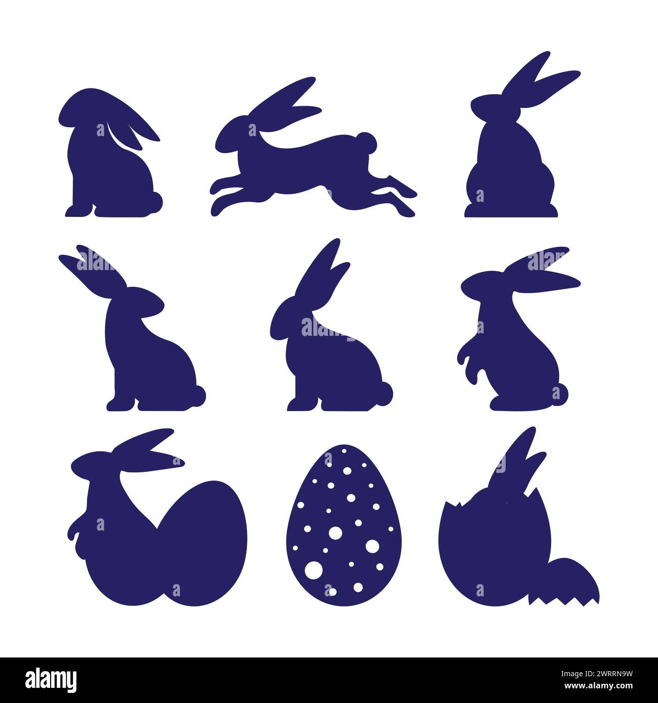 Conigli pasquali con la silhouette delle uova. Correre, guardare in alto e stare in piedi coniglietto. Set di coniglietto pasquale con contorni di guscio d'uovo isolati su sfondo bianco. Illustrazione Vettoriale