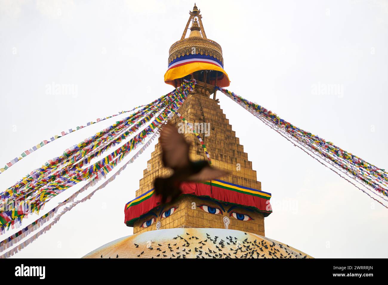 Stupa Boudhanath a Kathmandu, Nepal decorato occhi di saggezza del Buddha e bandiere di preghiera, le attrazioni turistiche più popolari di Kathmandu che riflettono armoniou Foto Stock