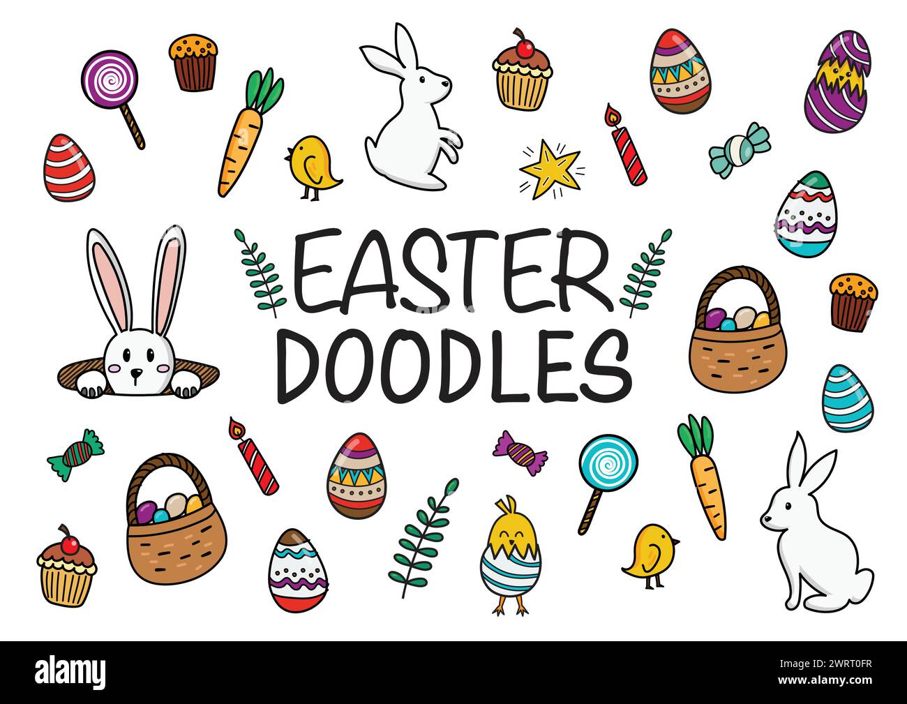 I doodle di Pasqua colorano le icone disegnate a mano. Illustrazione vettoriale Illustrazione Vettoriale