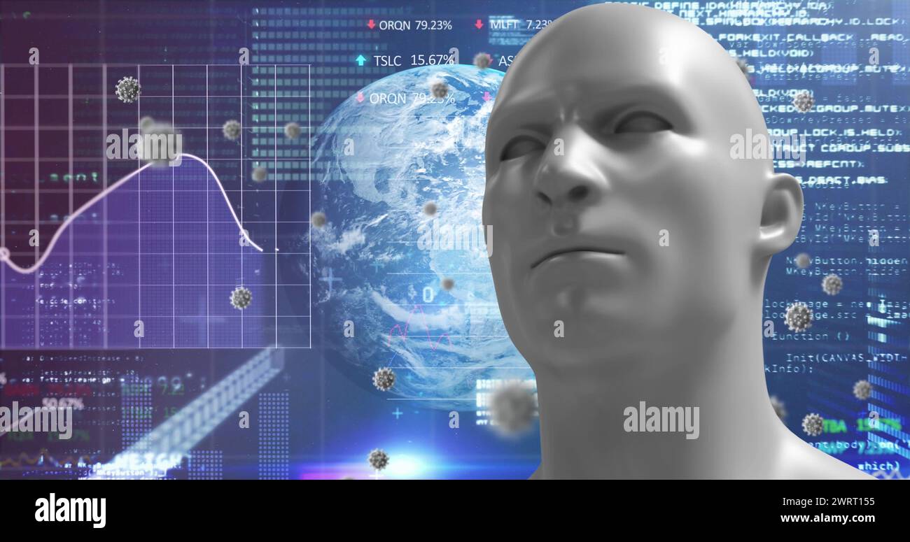 La testa umana digitale con modelli di virus rappresenta il concetto di pandemia di COVID-19. Foto Stock
