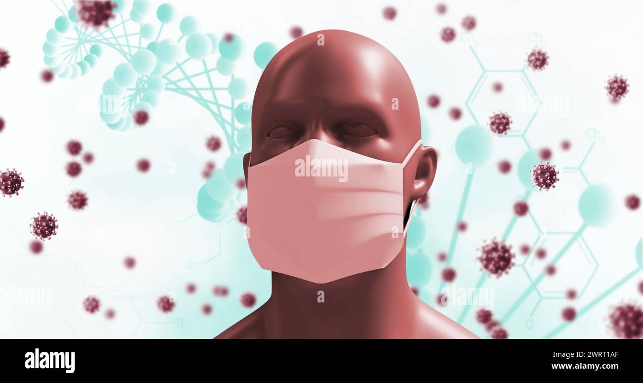 La testa umana digitale con maschera e modelli di virus illustra il concetto di COVID-19. Foto Stock