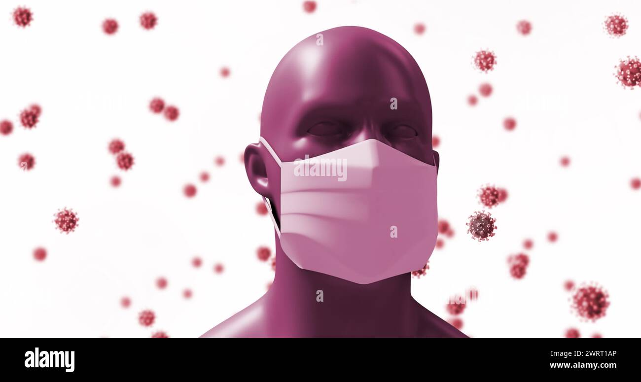 La testa umana digitale con maschera e modelli di virus illustra il concetto di COVID-19. Foto Stock