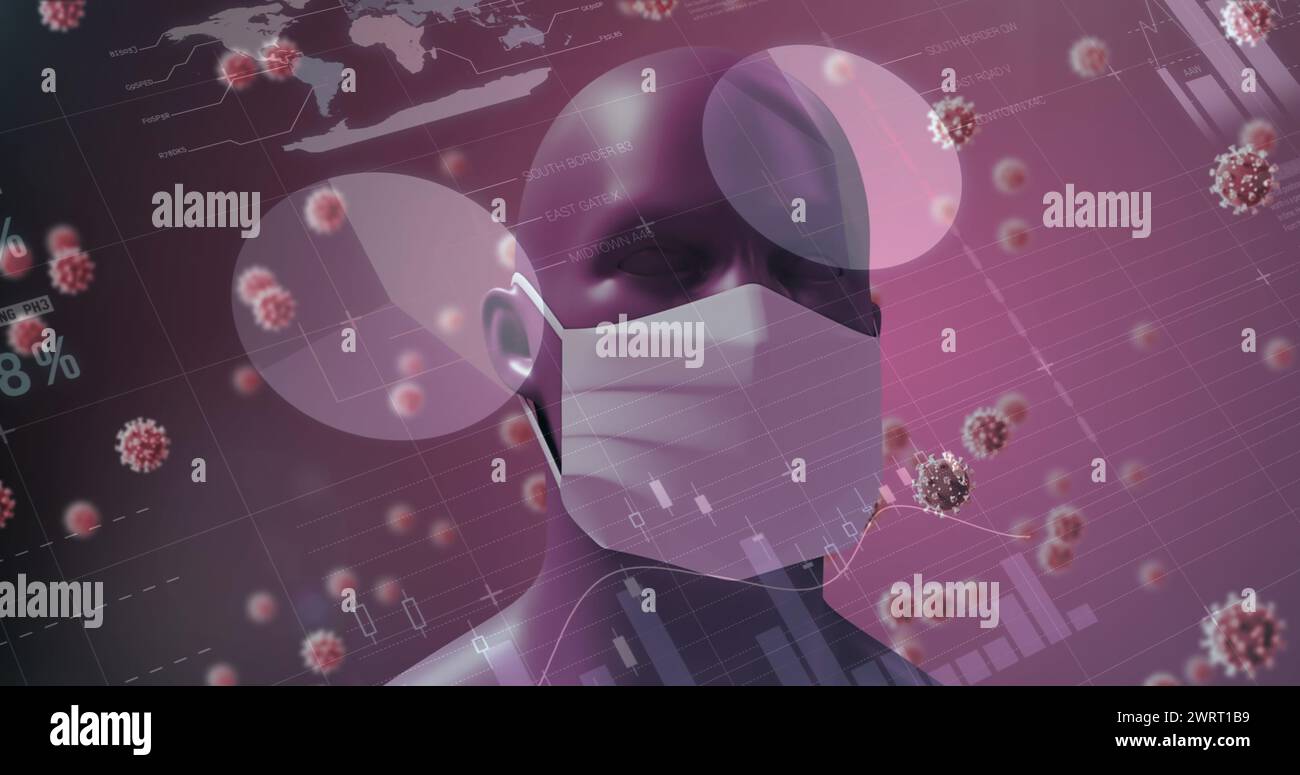 La testa umana digitale in maschera con modelli di virus raffigura la pandemia di COVID-19. Foto Stock