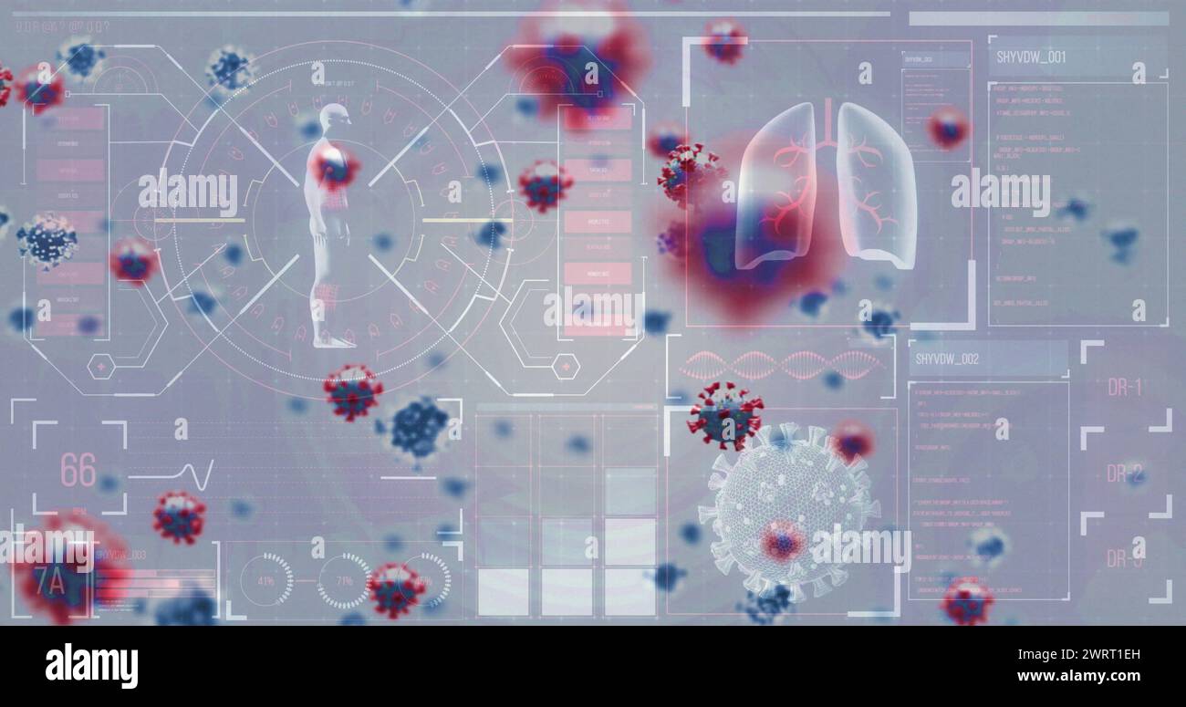 Immagine composita digitale raffigurante le cellule Covid-19 e le icone della salute umana. Foto Stock