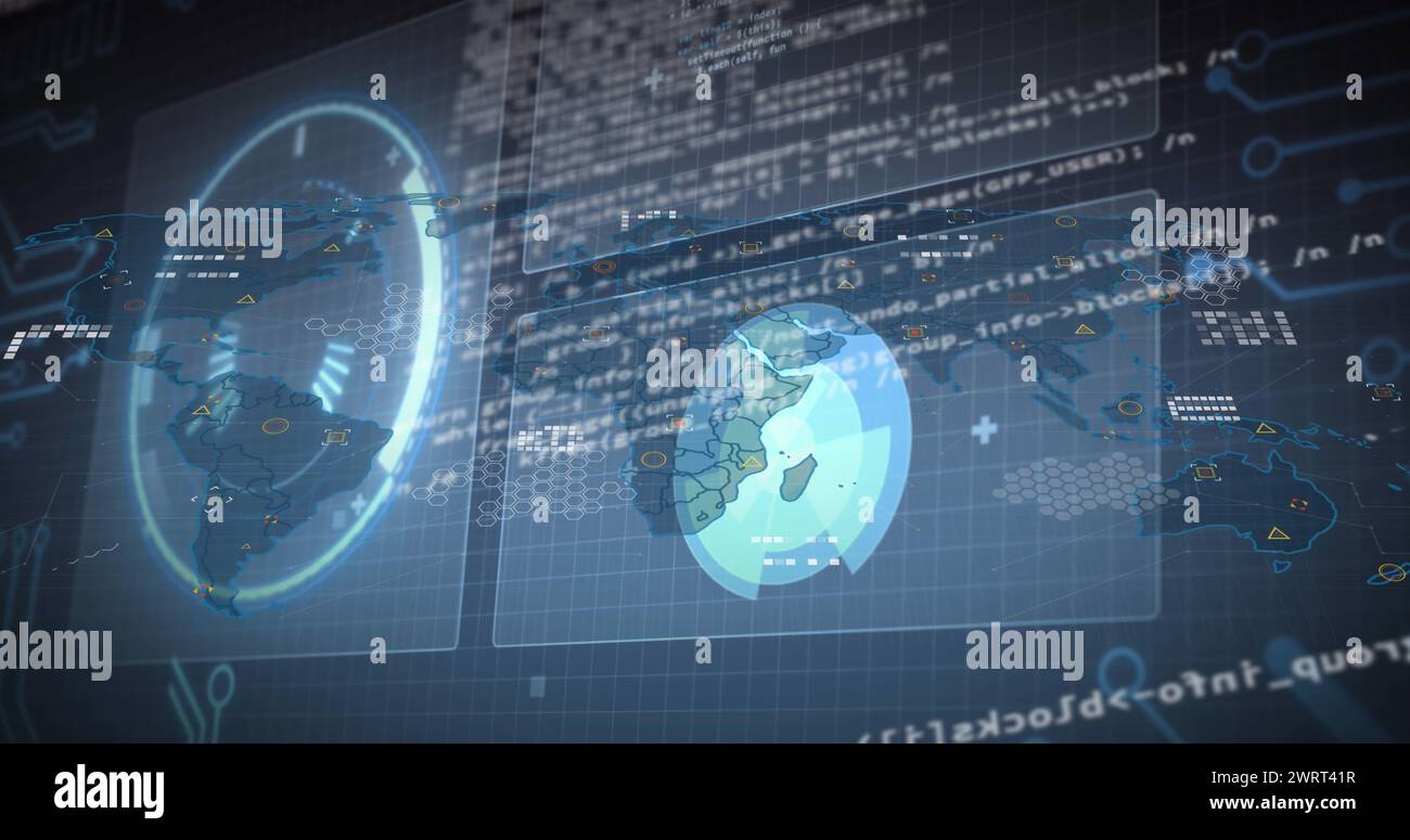 Immagine dell'interfaccia con elaborazione dati su una mappa mondiale su sfondo blu Foto Stock