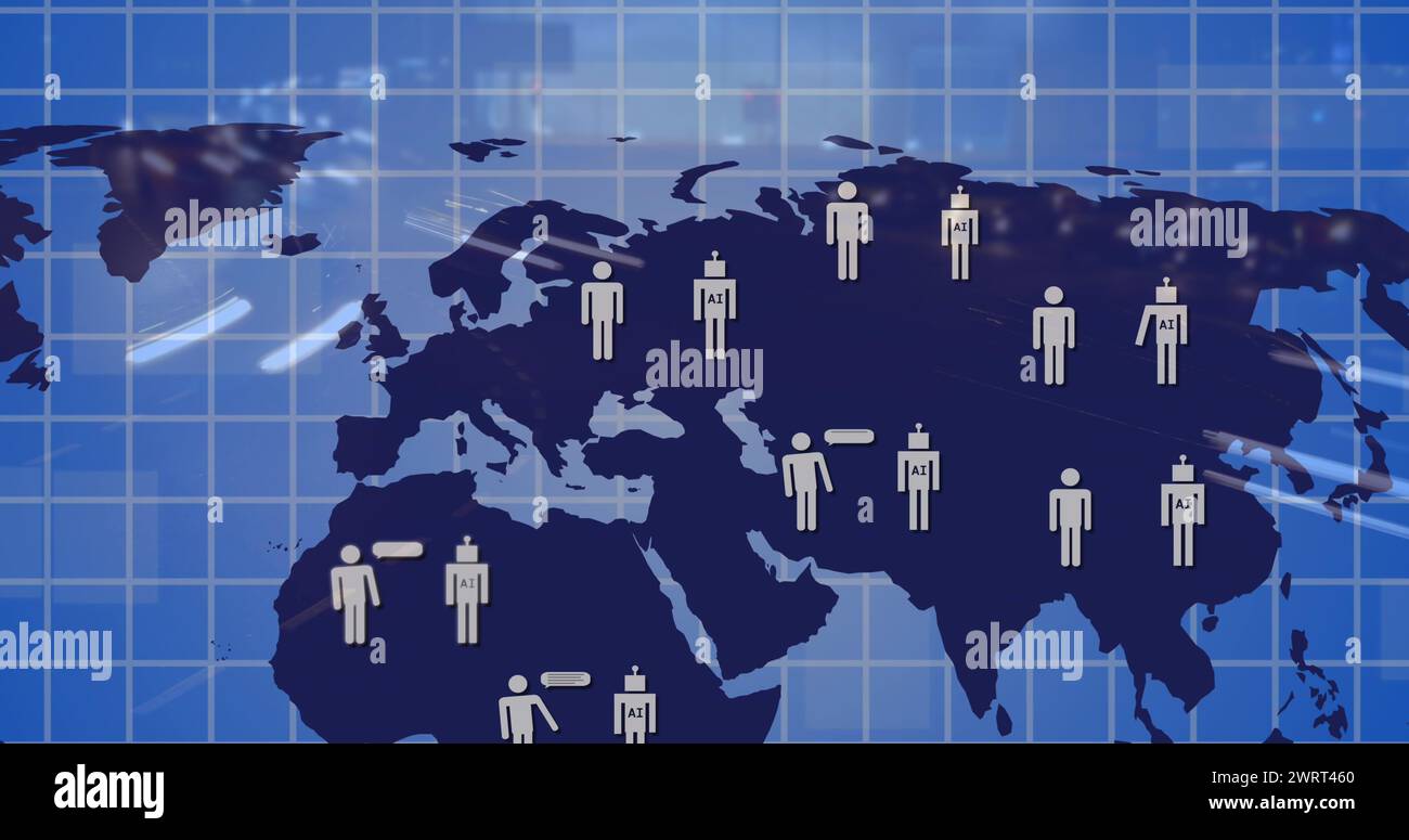 Immagine di persone e icone ai sulla mappa mondiale del traffico stradale Foto Stock