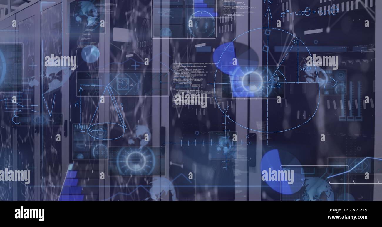 Immagine delle equazioni matematiche e dell'elaborazione dei dati nella sala server Foto Stock