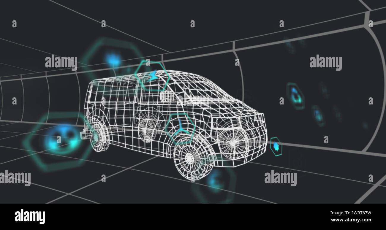 Immagine di più icone digitali su un modello di furgone 3d che si muove in un tunnel con un motivo uniforme Foto Stock