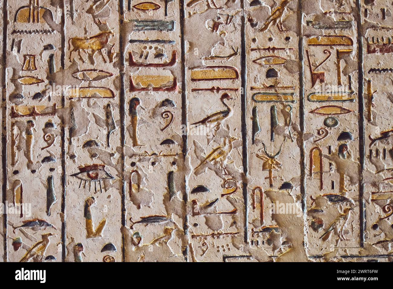 Geroglifici egiziani. Simboli antichi. Contesto storico. Antichi segni egizi. Simbolo della storia della Terra. Famosi monumenti egiziani. Foto Stock