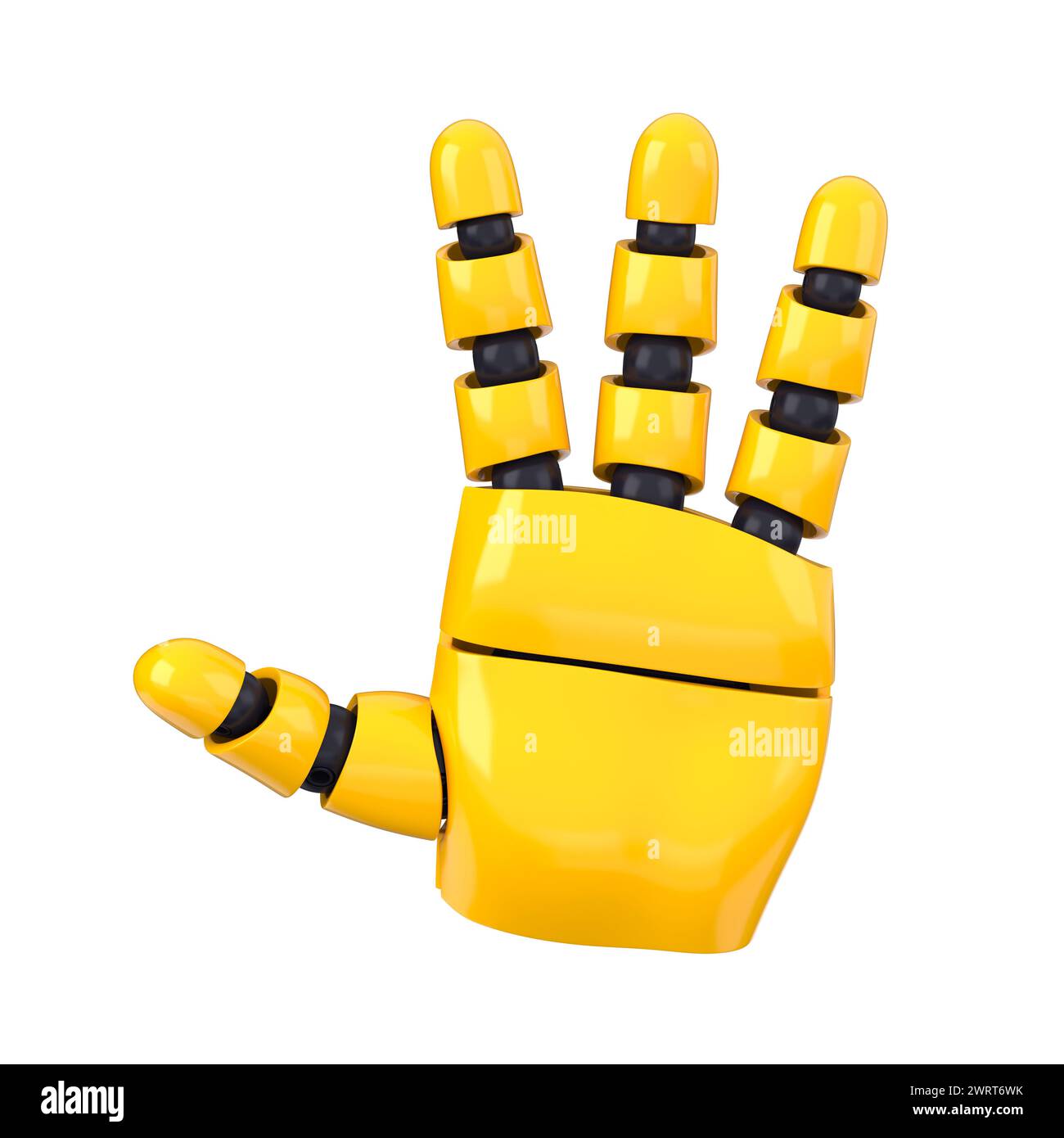 Mano gialla di emoji bot con gesto di saluto. Intelligenza artificiale isolata o concetto automatizzato. rendering 3d. Foto Stock