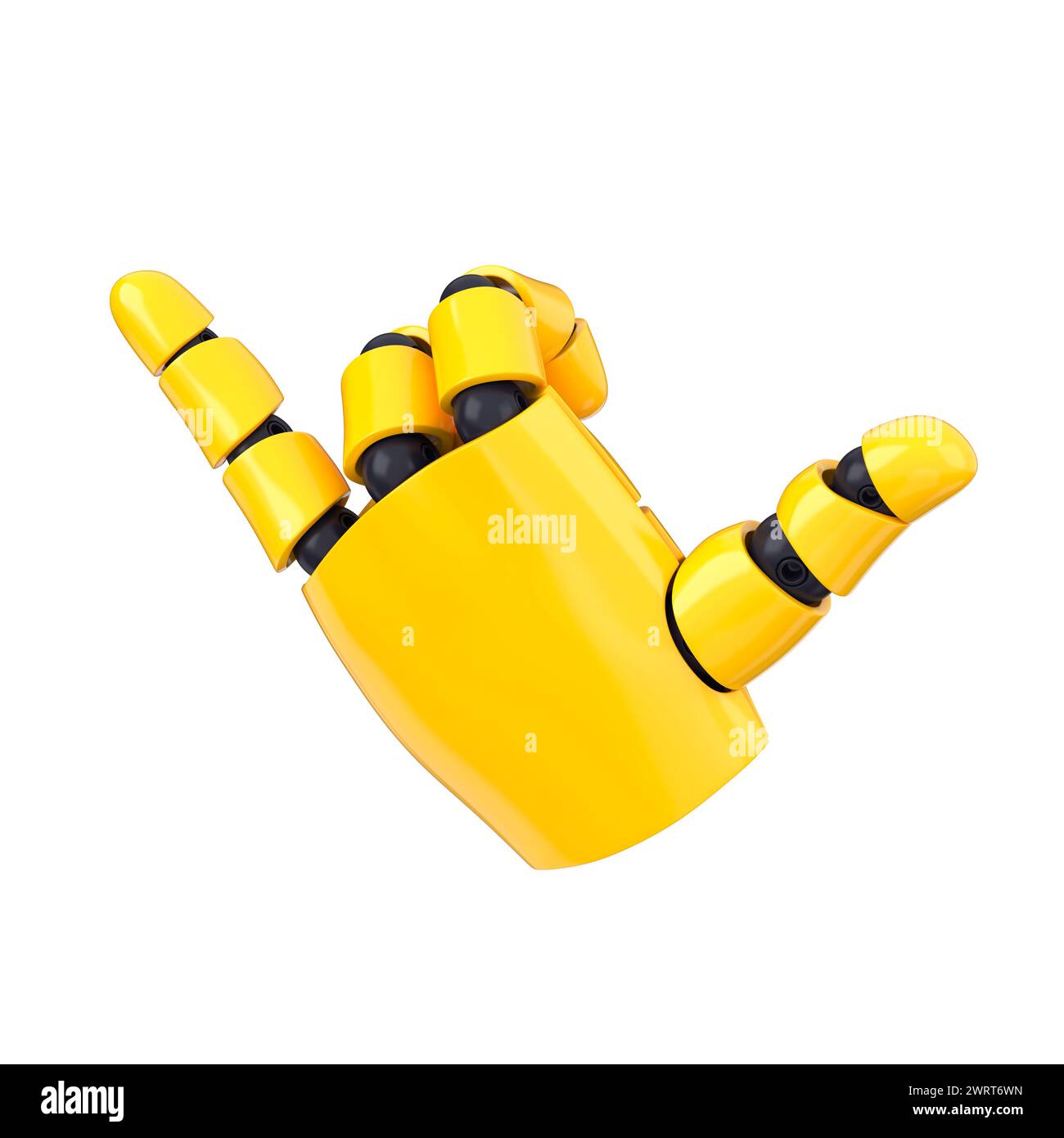 La mano gialla del robot emoji fa un gesto fresco. Intelligenza artificiale isolata o concetto automatizzato. rendering 3d. Foto Stock