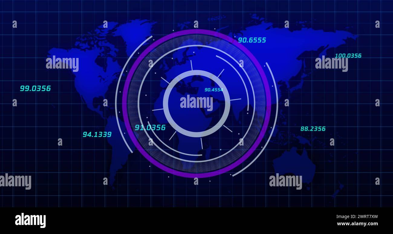 Lo scanner rotondo e più numeri fluttuanti su una mappa mondiale su sfondo blu Foto Stock
