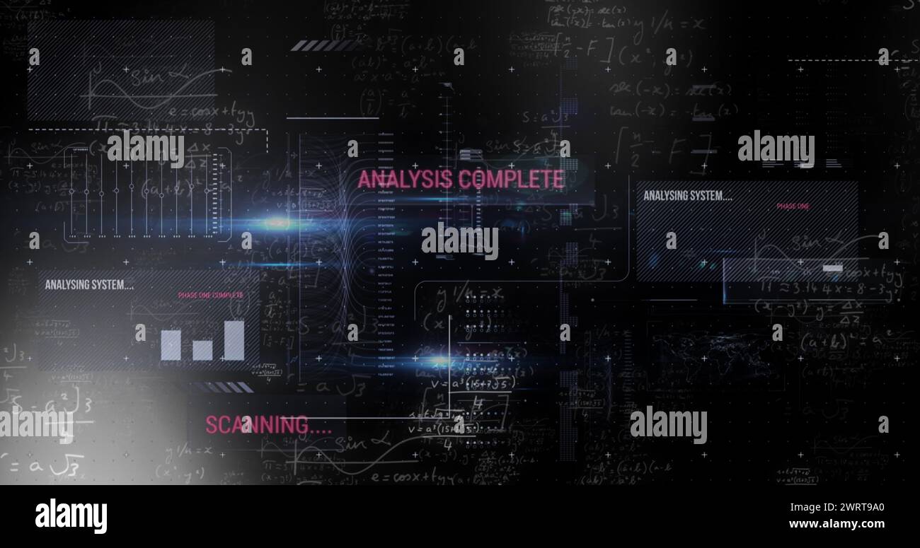 Immagine dell'elaborazione dei dati con equazioni matematiche su sfondo nero Foto Stock