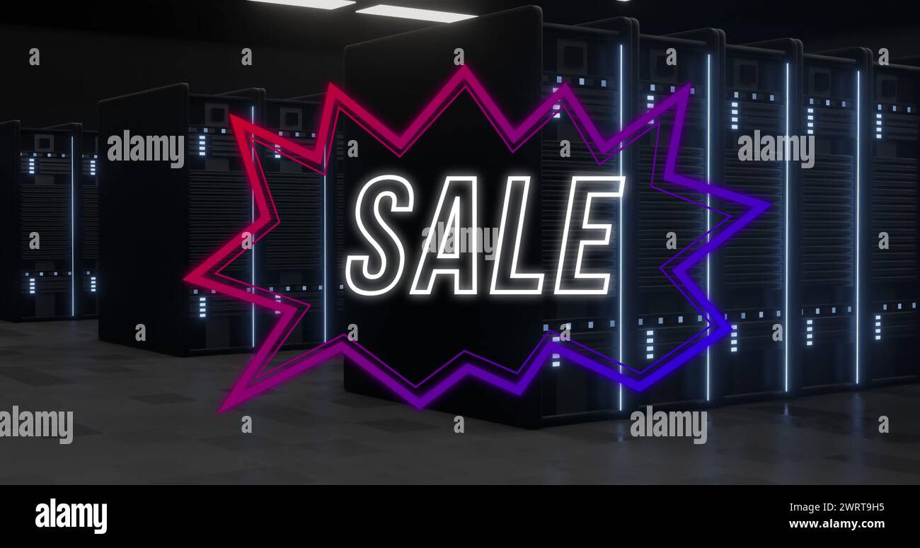 Immagine del testo di vendita nel fumetto al neon sui server di computer Foto Stock
