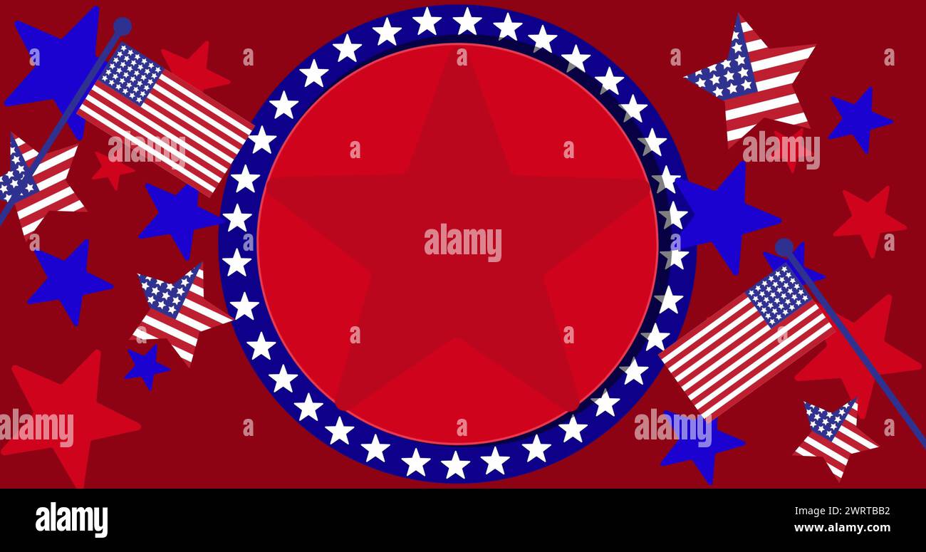 Immagine del cerchio con spazio di copia, stelle e bandiere degli stati uniti d'america su sfondo rosso Foto Stock