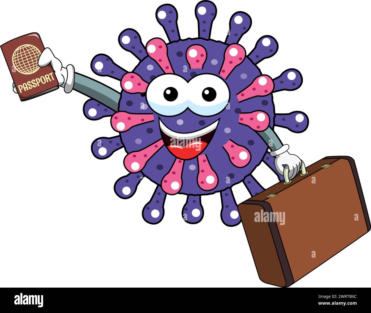 Fumetto mascotte carattere virus o batterio viaggiare con passaporto e valigia concetto di diffusione immagine vettoriale isolato Illustrazione Vettoriale