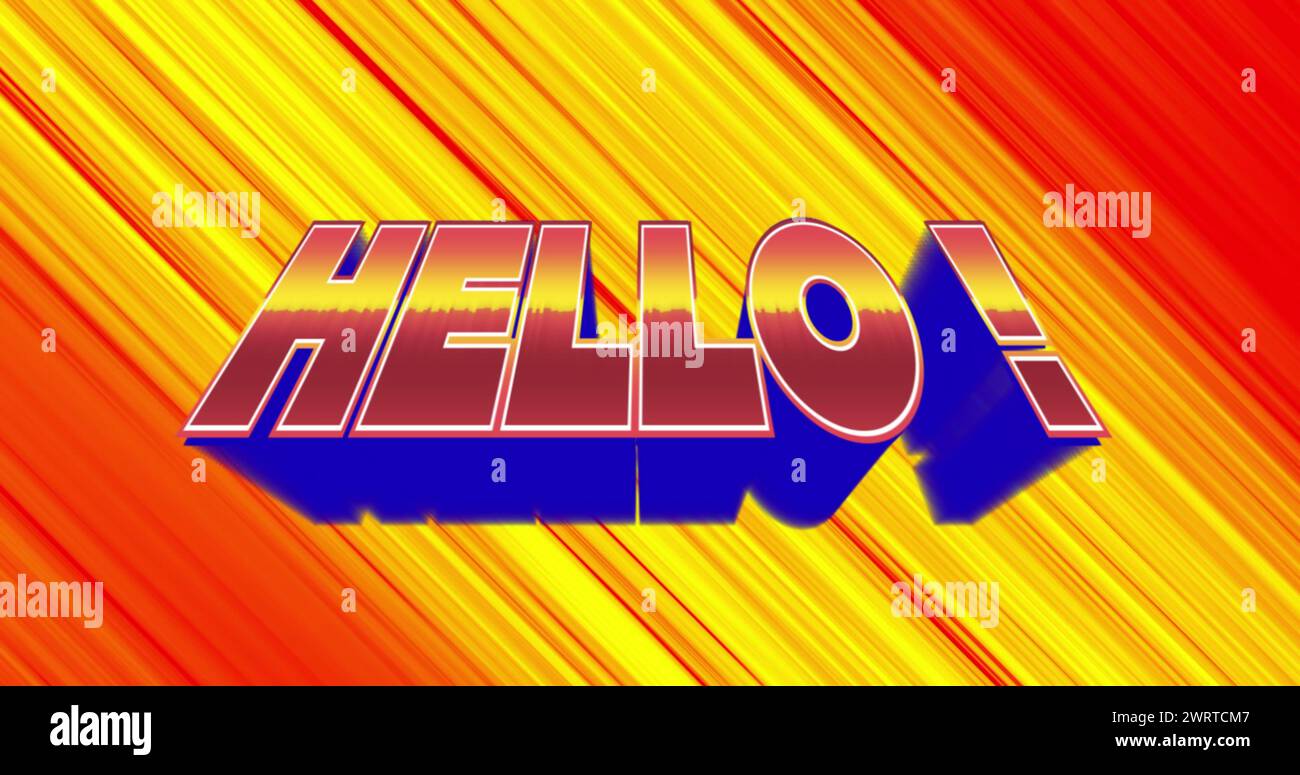 Saluto digitale vintage con "Hello" in oro e dinamico sfondo giallo-rosso. Foto Stock