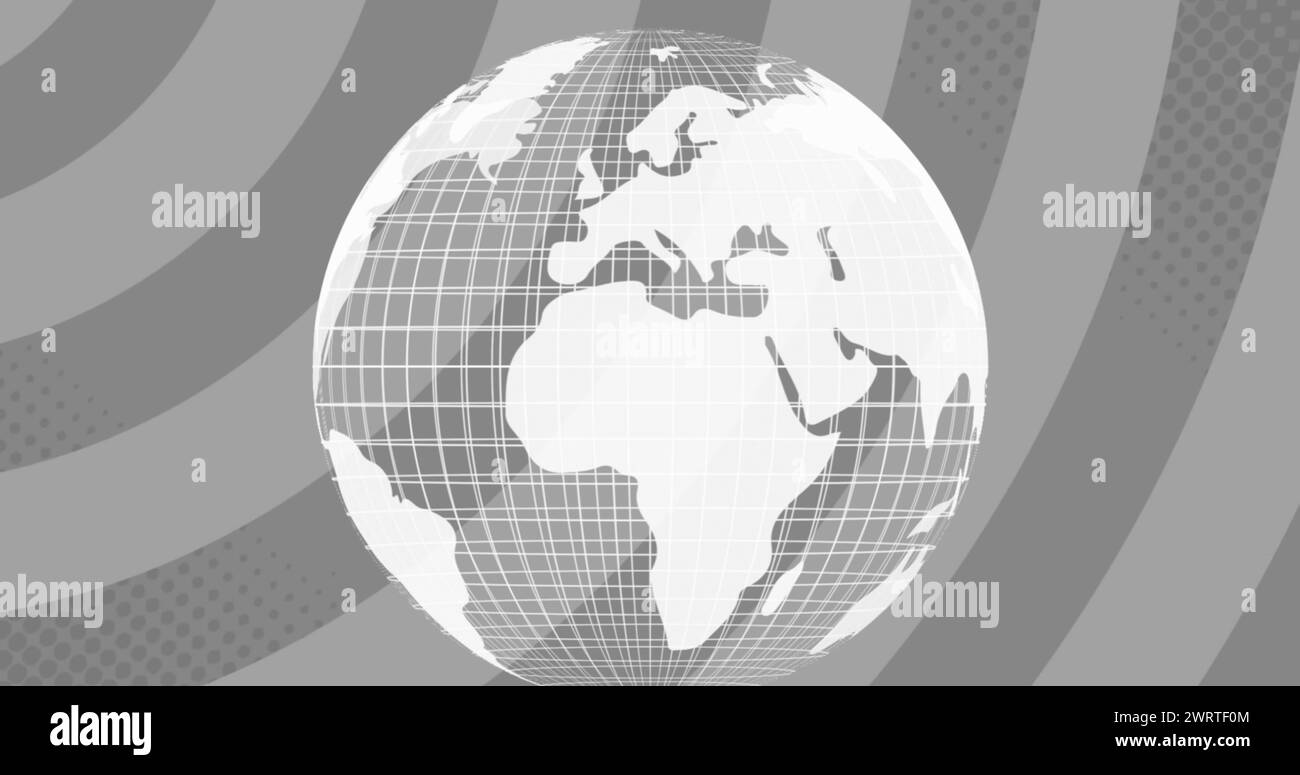 Immagine del globo che gira su strisce grigie rotanti che si muovono in movimento ipnotico in loop continuo Foto Stock