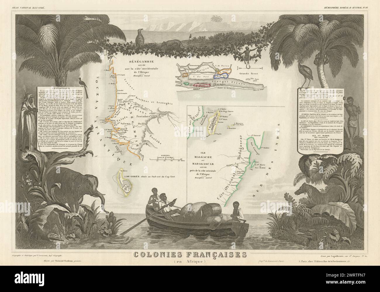 COLONIE FRANCESI AFRIQUE. Africa Sénégambie Madagascar. Mappa DI LEVASSEUR 1856 Foto Stock