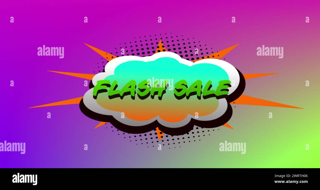 Immagine delle parole vendita flash in lettere verdi su una bolla verde sul backgroun da viola a verde Foto Stock