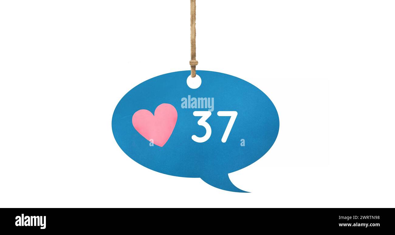 Immagine digitale di numeri in aumento e icona del cuore all'interno di un palloncino blu legato su una b bianca Foto Stock