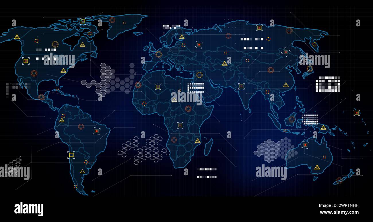 Immagine dei marcatori e dell'elaborazione dei dati sulla mappa mondiale Foto Stock